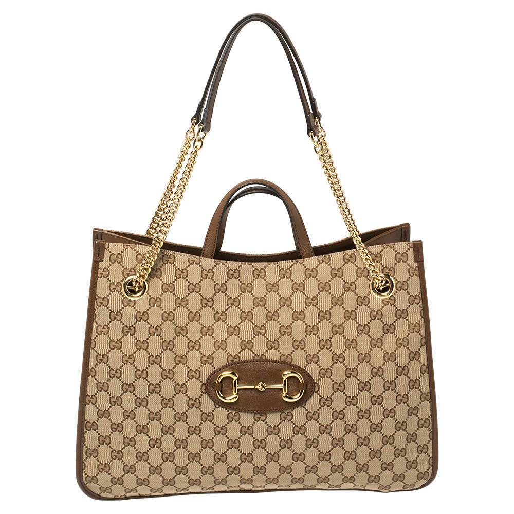 Pre Owned Gucci Beige/Brown GG Canvas and Leather Horsebit 1955 Large Tote