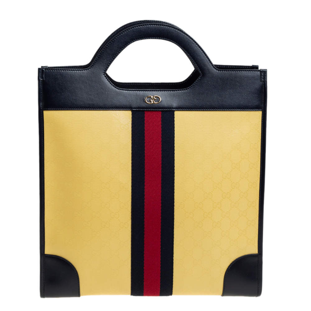 Pre Owned Gucci Yellow/Navy Blue Leather GG Crystal Canvas and Leather Medium Ophidia Tote