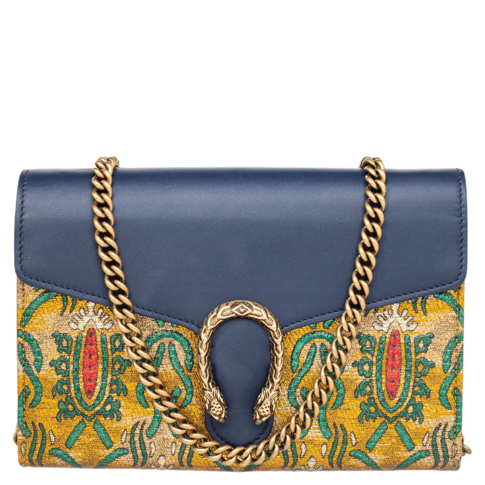 Gucci Blue/Yellow Brocade And Leather Dionysus Wallet On Chain