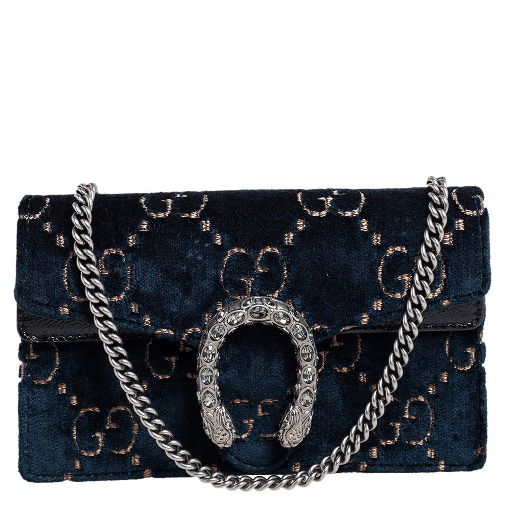 Gucci Blue Black GG Velvet and Patent Leather Super Mini Dionysus