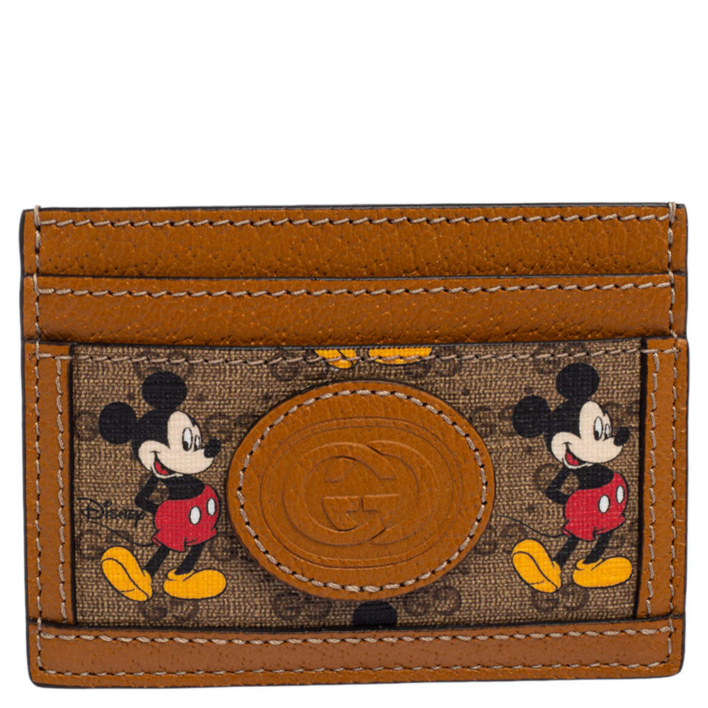 Pre Owned Gucci x Disney Tan Leather and GG Supreme Canvas Mickey Mouse Card Holder
