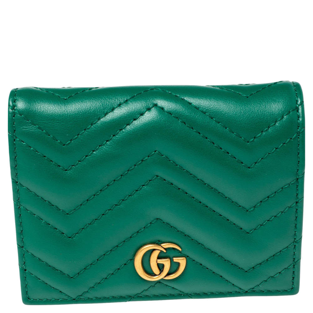Pre Owned Gucci Green Matelassé Leather GG Marmont Card Case