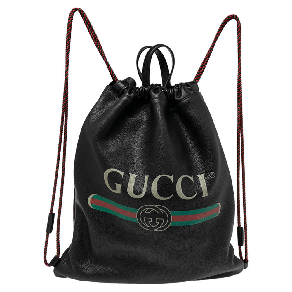 Pre Owned Gucci Black Leather Logo Drawstring Backpack