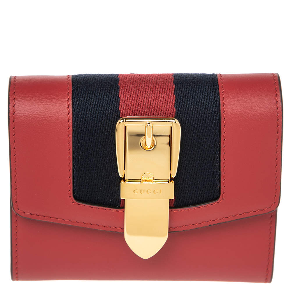 Gucci Red Leather Sylvie Trifold Compact Wallet