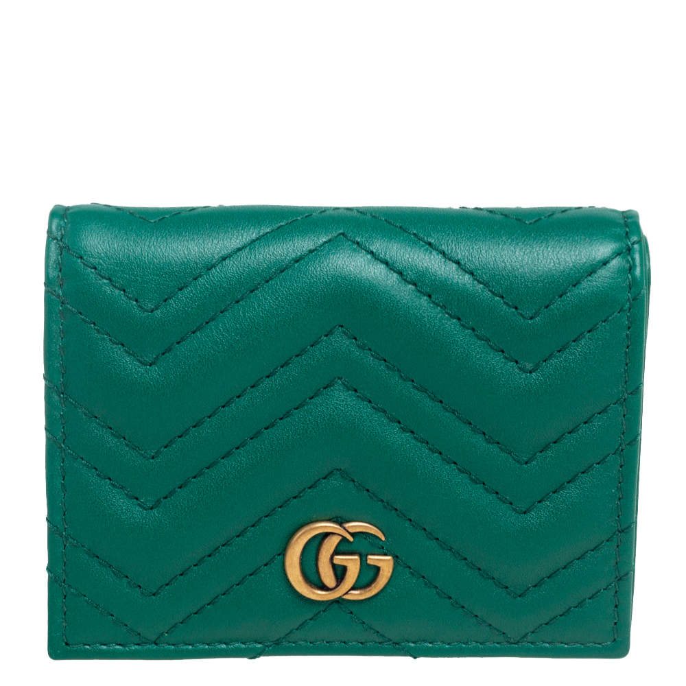 Pre Owned Gucci Green Matelassé Leather GG Marmont Card Case
