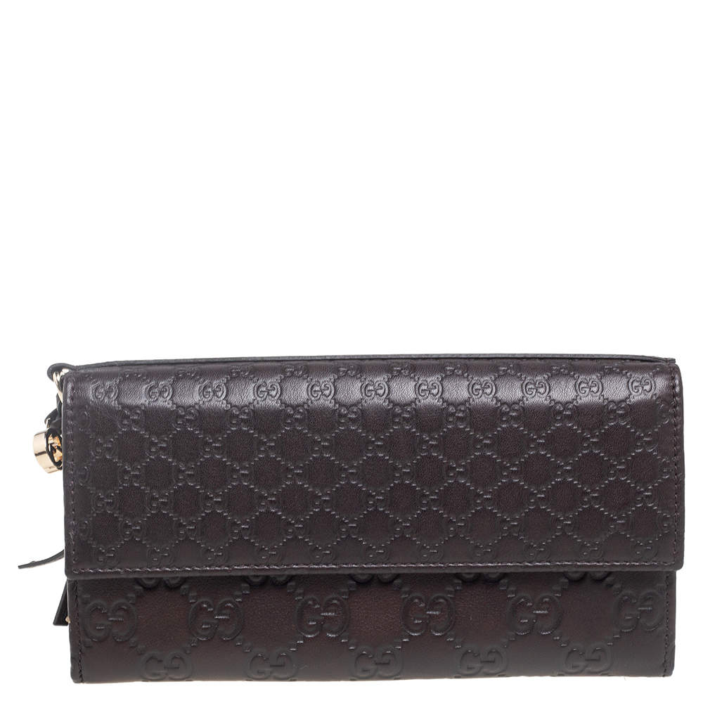 Pre Owned محفظة طويلة غوتشي قلاب غوتشيسيما مايكرو جلد بني
