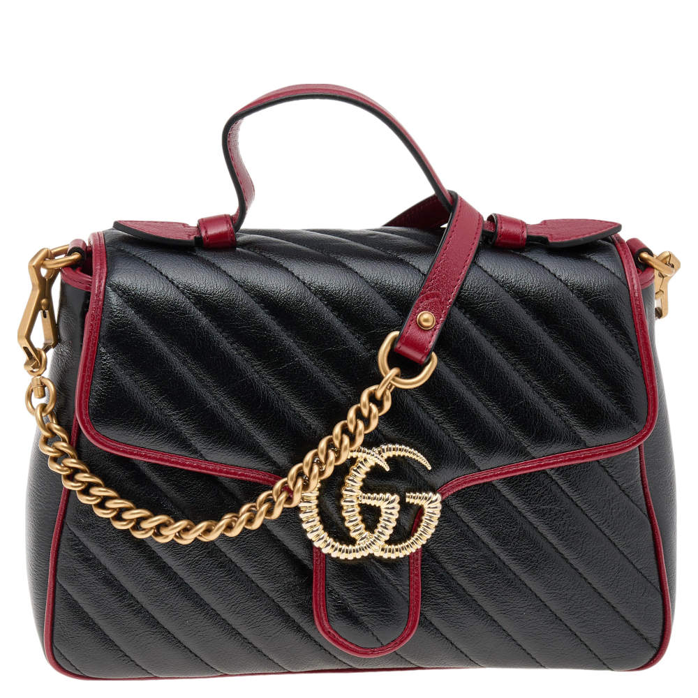 Gucci Black/Burgundy Quilted Leather GG Marmont Top Handle Bag