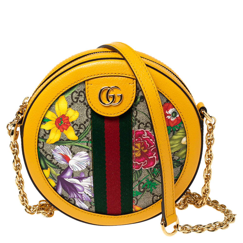 Pre Owned Gucci Mustard GG Supreme Canvas and Leather Mini Ophidia Floral Round Bag