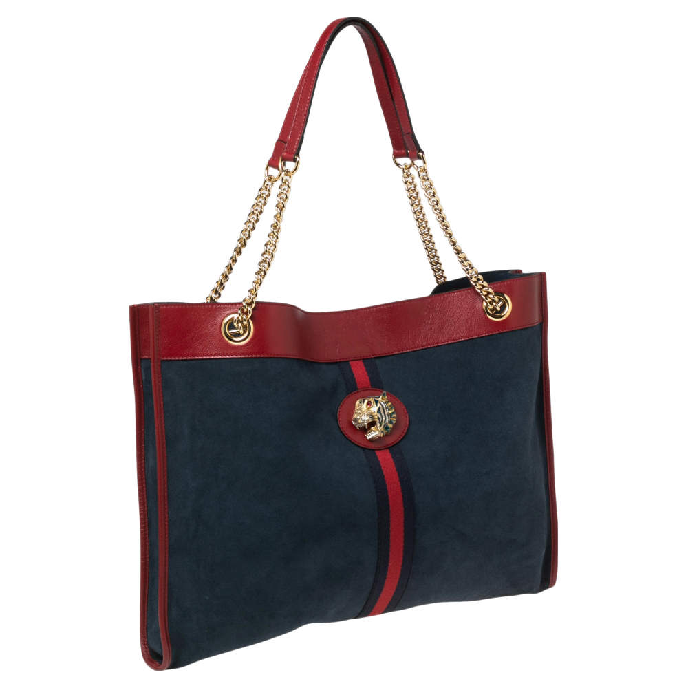 Gucci Rajah Suede Shopping Tote Bag Navy Blue Red