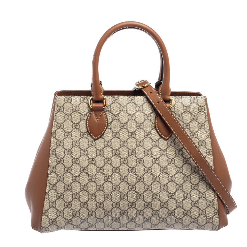 Pre Owned Gucci Beige/Brown GG Supreme Canvas And Leather Top Handle Bag