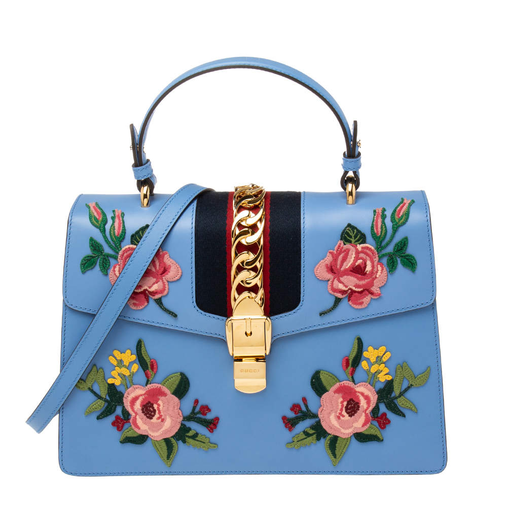 Gucci Blue Floral Embroidered Leather Medium Sylvie Top Handle Bag ...