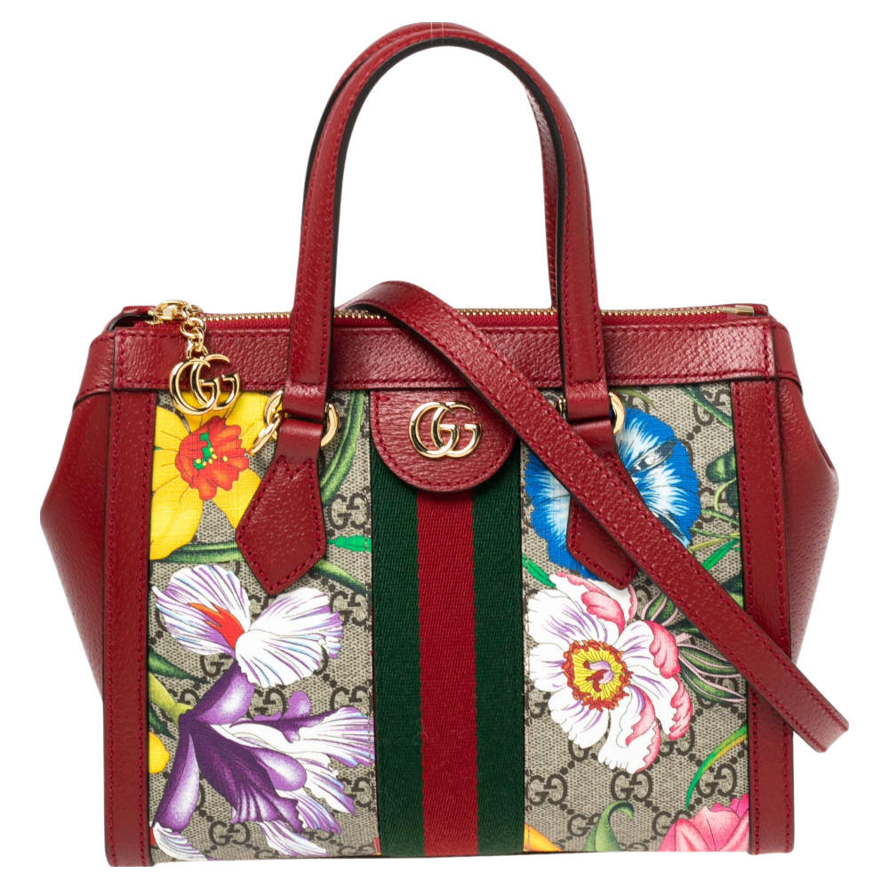 Pre Owned Gucci Red GG Supreme Canvas and Leather Small Ophidia Floral Tote 
