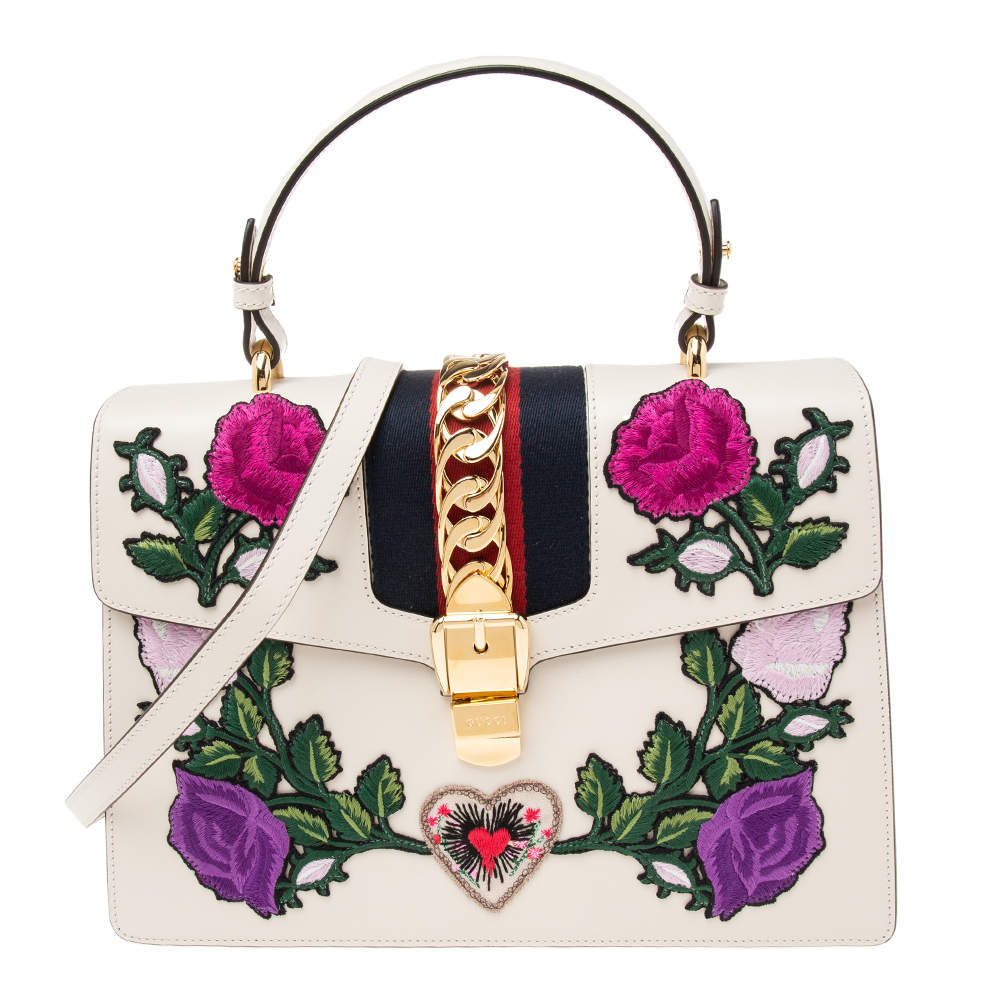 Pre Owned Gucci White Leather Medium Sylvie Embroidered Top Handle Bag