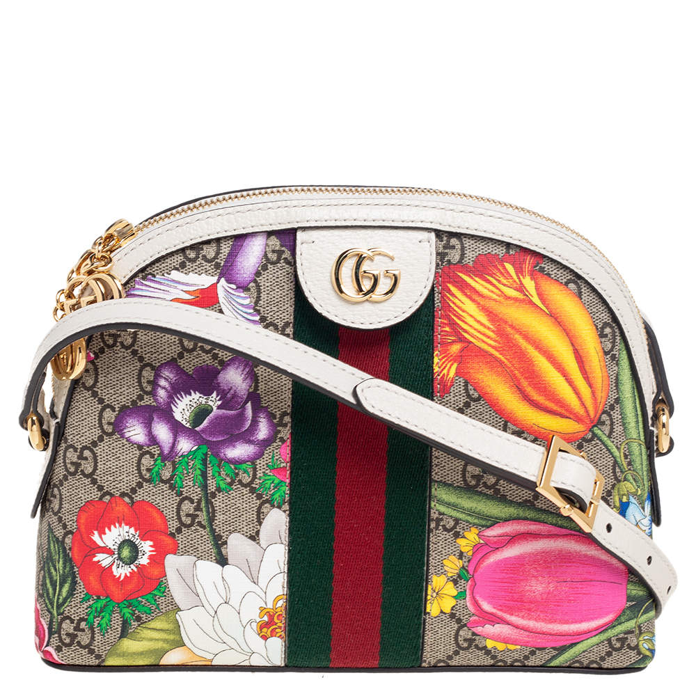 Pre Owned Gucci Beige/White GG Supreme Flora Canvas And Leather Small Ophidia Shoulder Bag