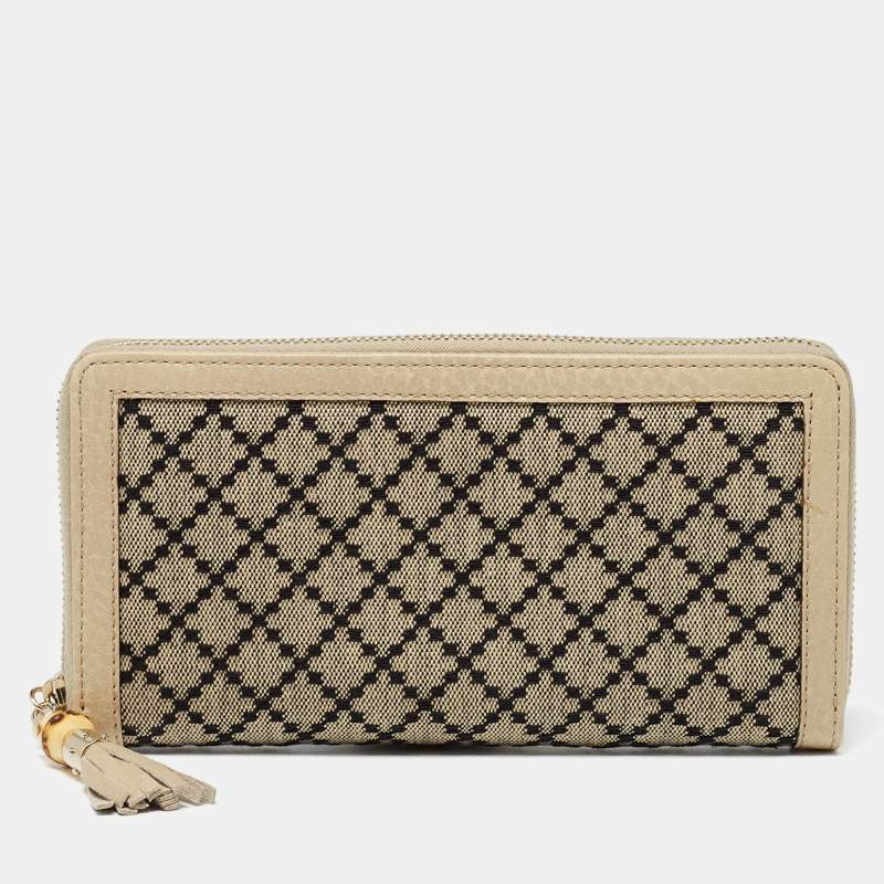 مملوكة مسبقًا Gucci Beige Diamante Canvas and Leather Bamboo Tassel Zip Around Wallet