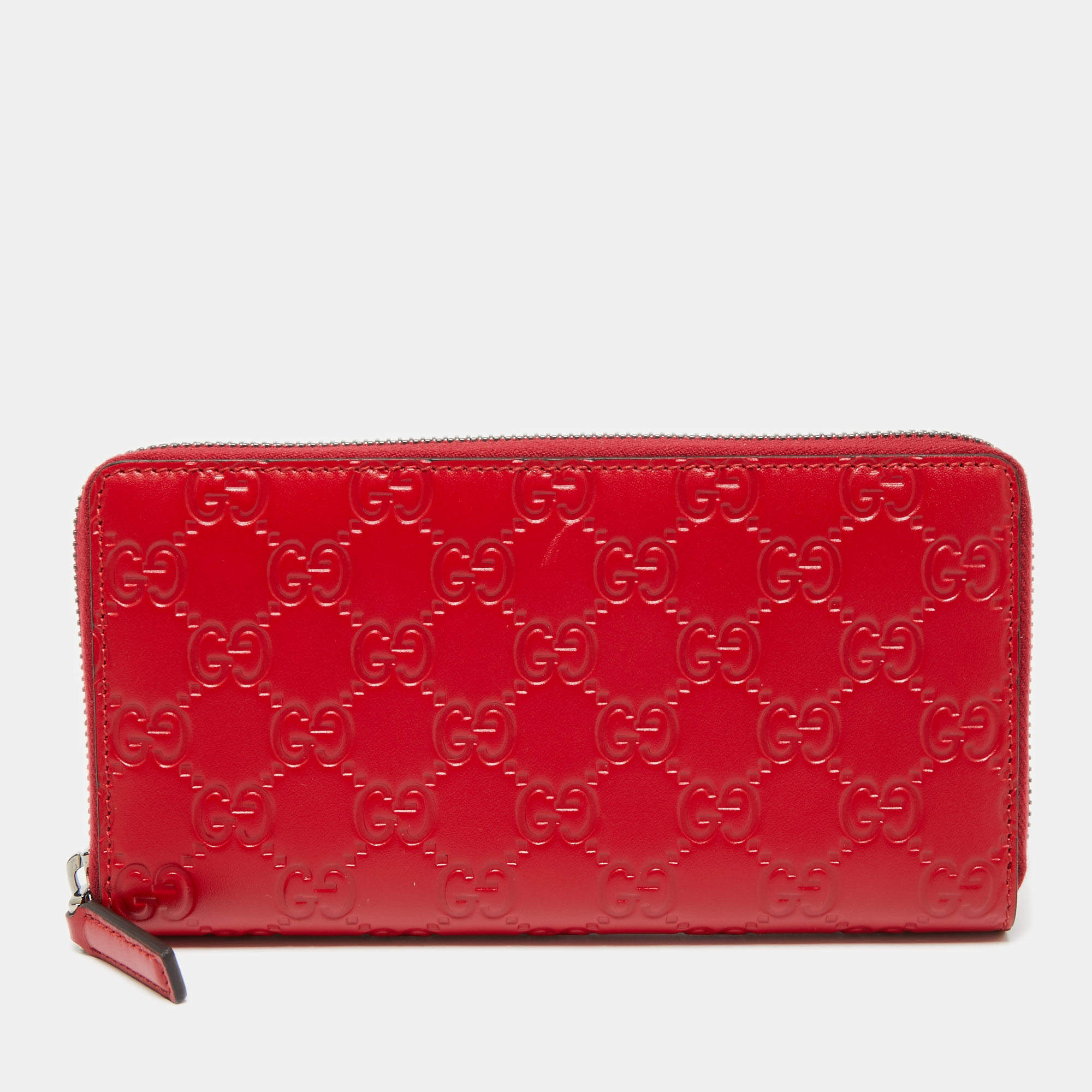 Pre Owned Gucci Red Guccissima Leather Zip Around Wallet