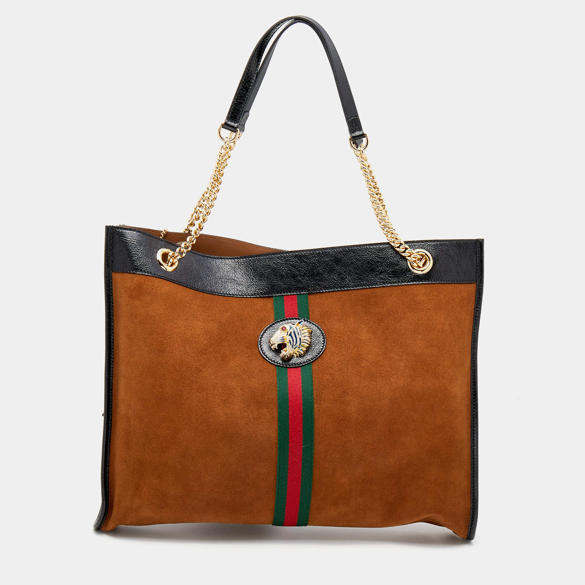 Pre Owned Gucci Brown/Black Suede And Patent Leather Large Rajah Tote