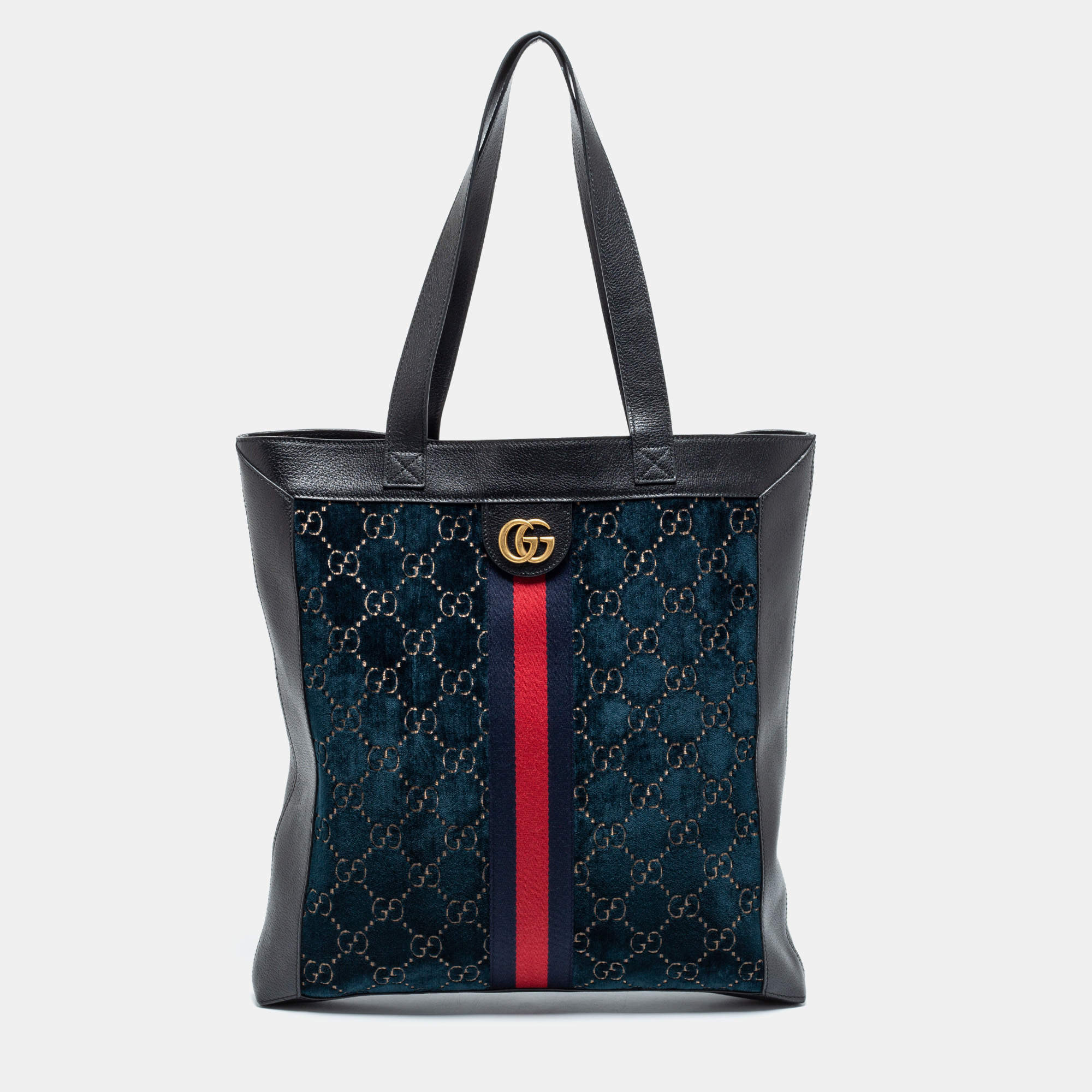 Pre Owned Gucci Blue/Black GG Velvet And Leather Large Ophidia Vertical Tote