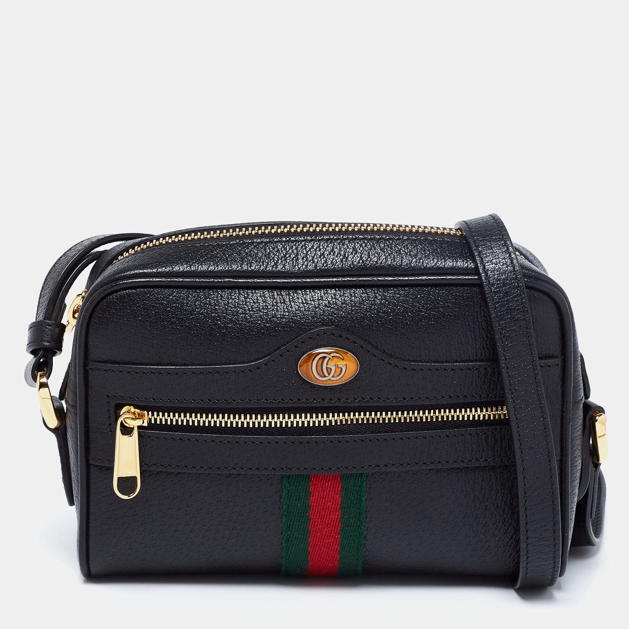 Pre Owned Gucci Black Leather And Web Mini Ophidia Crossbody Bag
