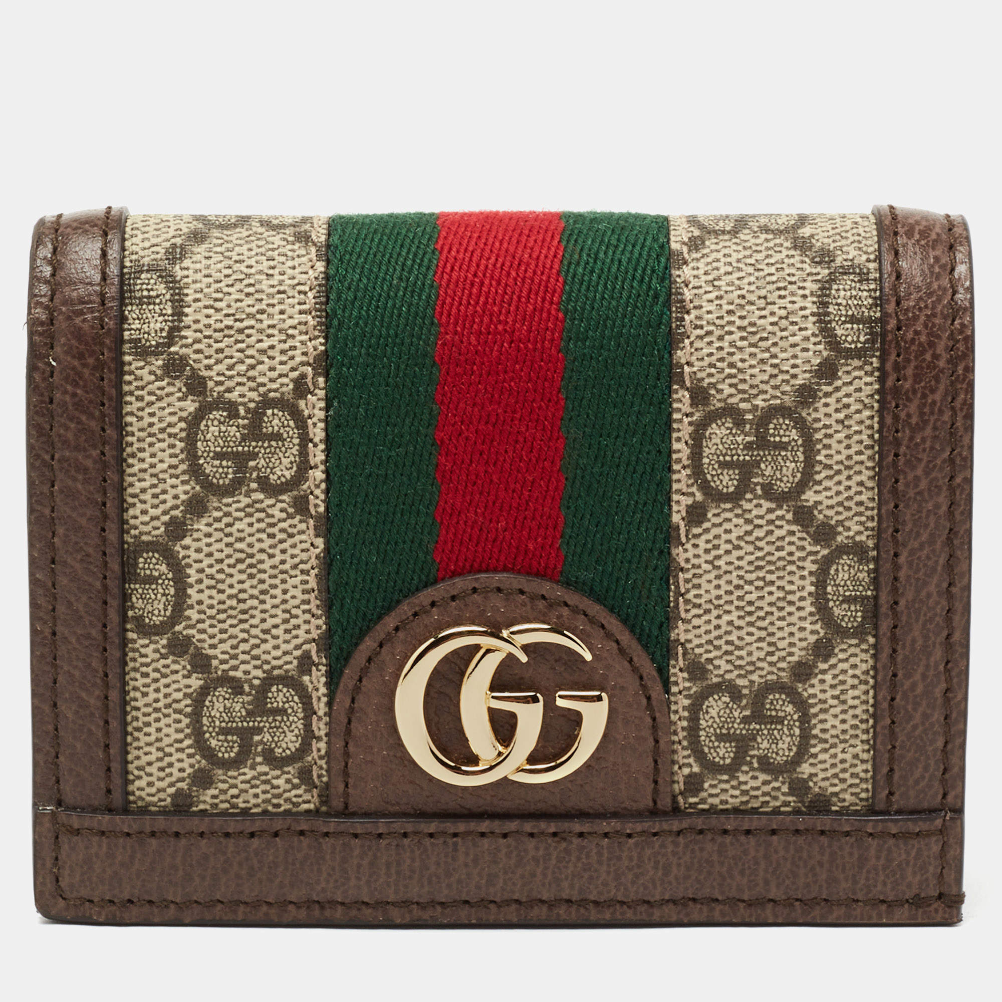 Pre Owned Gucci Brown GG Supreme Canvas and Leather Web Ophidia Card Case Wallet