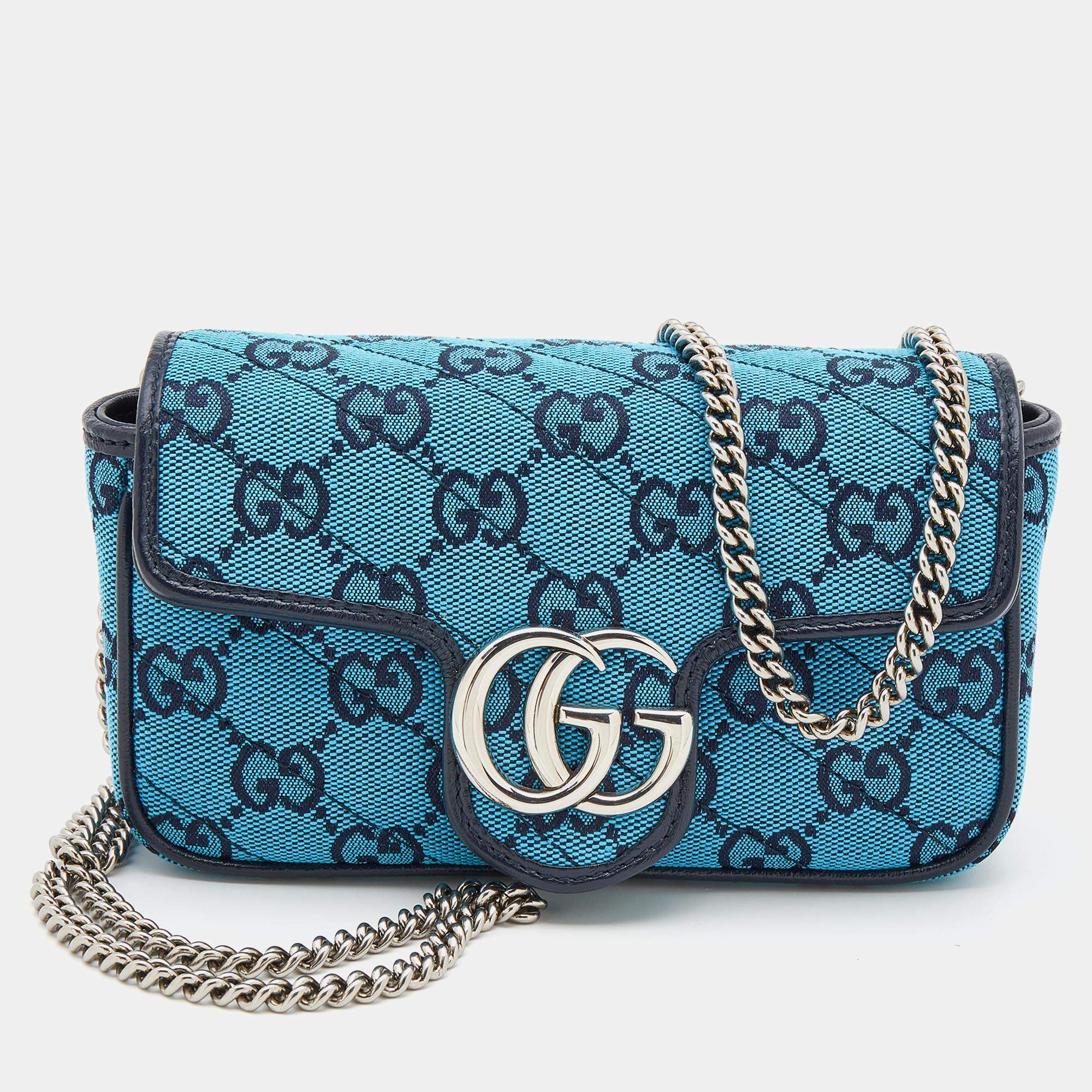 Pre Owned Gucci Blue/Black GG Matelassé Canvas and Leather Super Mini GG Marmont Crossbody Bag
