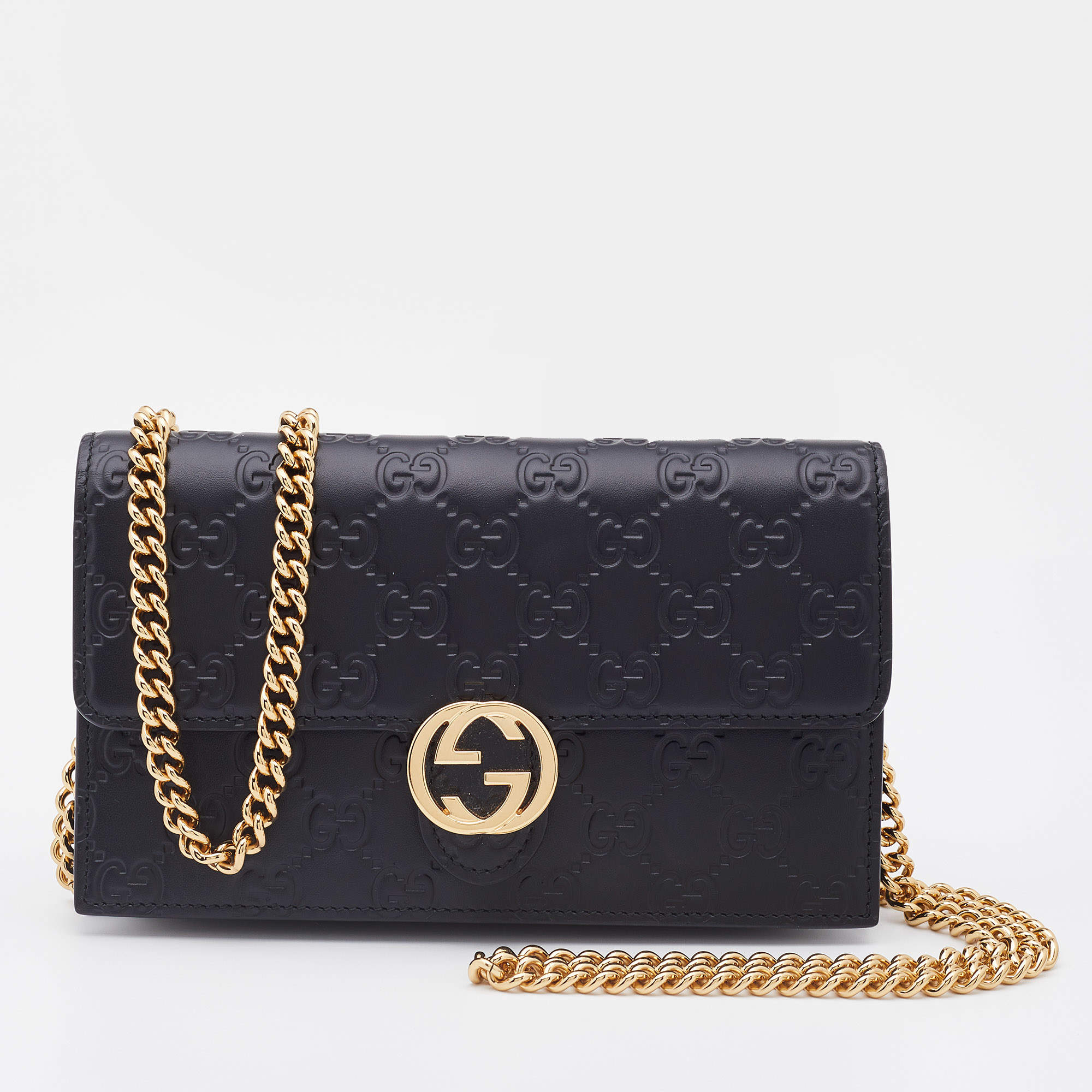 Pre Owned Gucci Black Guccissima Leather Icon Interlocking GG Chain Wallet