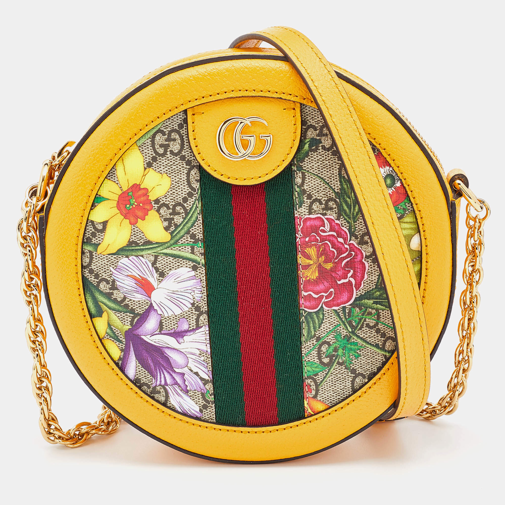 Pre Owned Gucci Yellow Leather and GG Supreme Canvas Flora Ophidia Mini Round Shoulder Bag