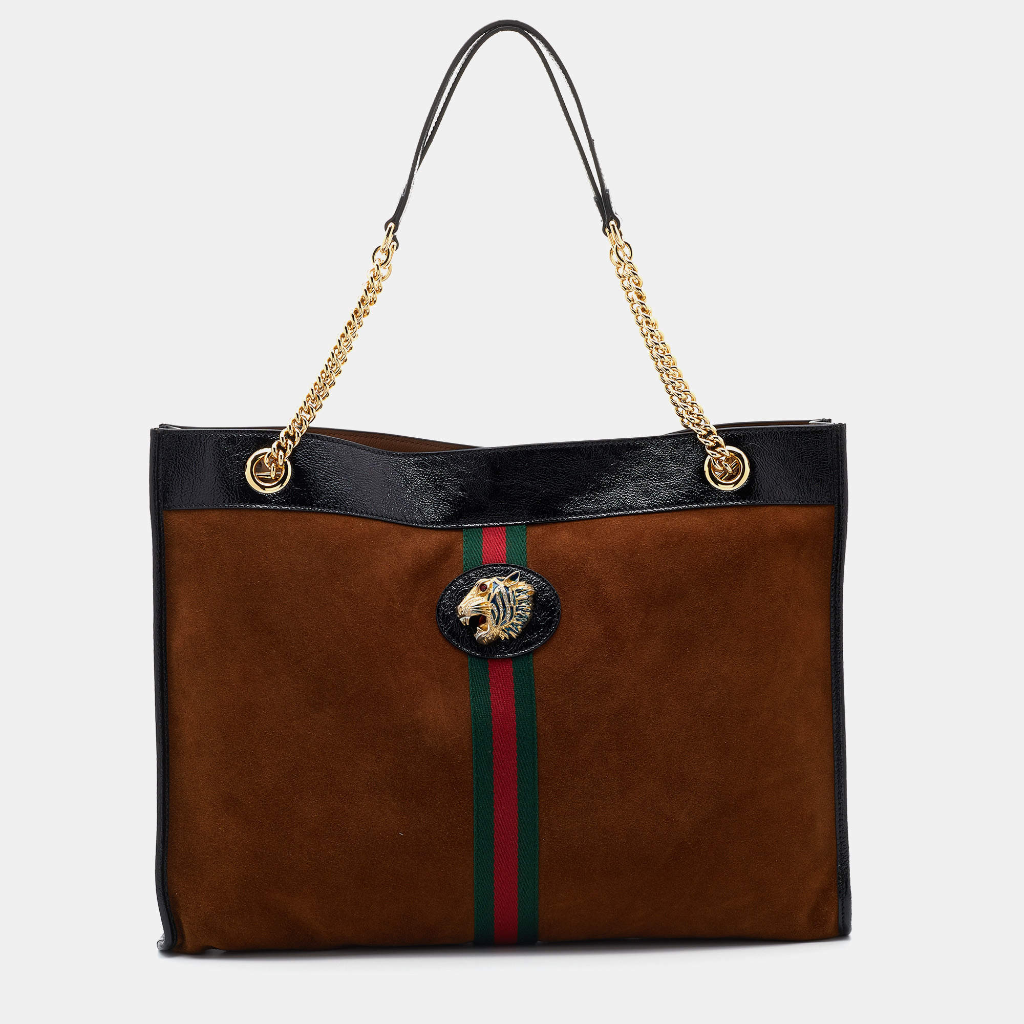 Gucci Brown/Black Suede and Patent Leather Large Rajah Tote