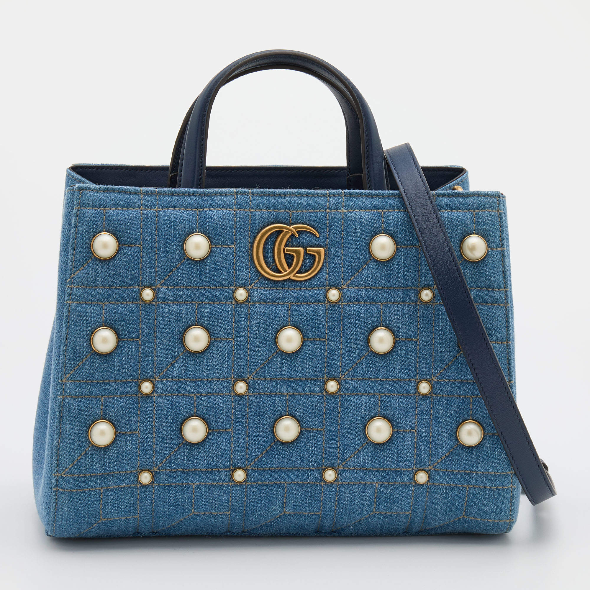 Pre Owned Gucci Blue Quilted Denim Small Pearl GG Marmont Tote