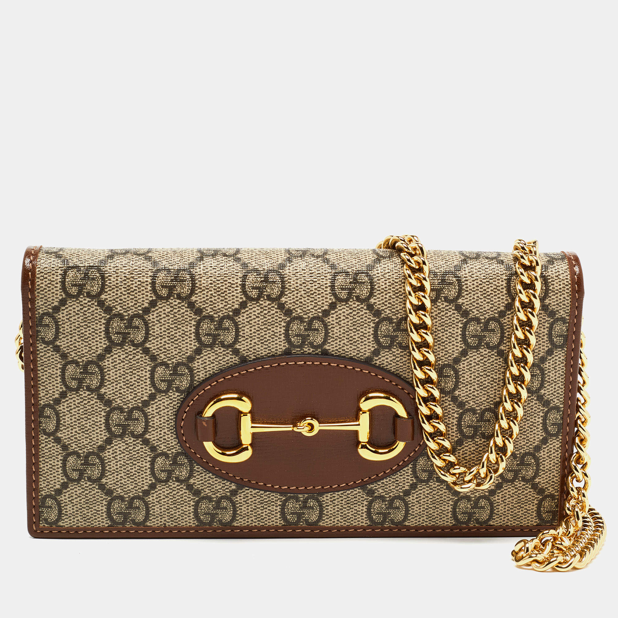 Gucci Brown/Beige GG Supreme Canvas and Leather Horsebit 1955 Wallet on Chain