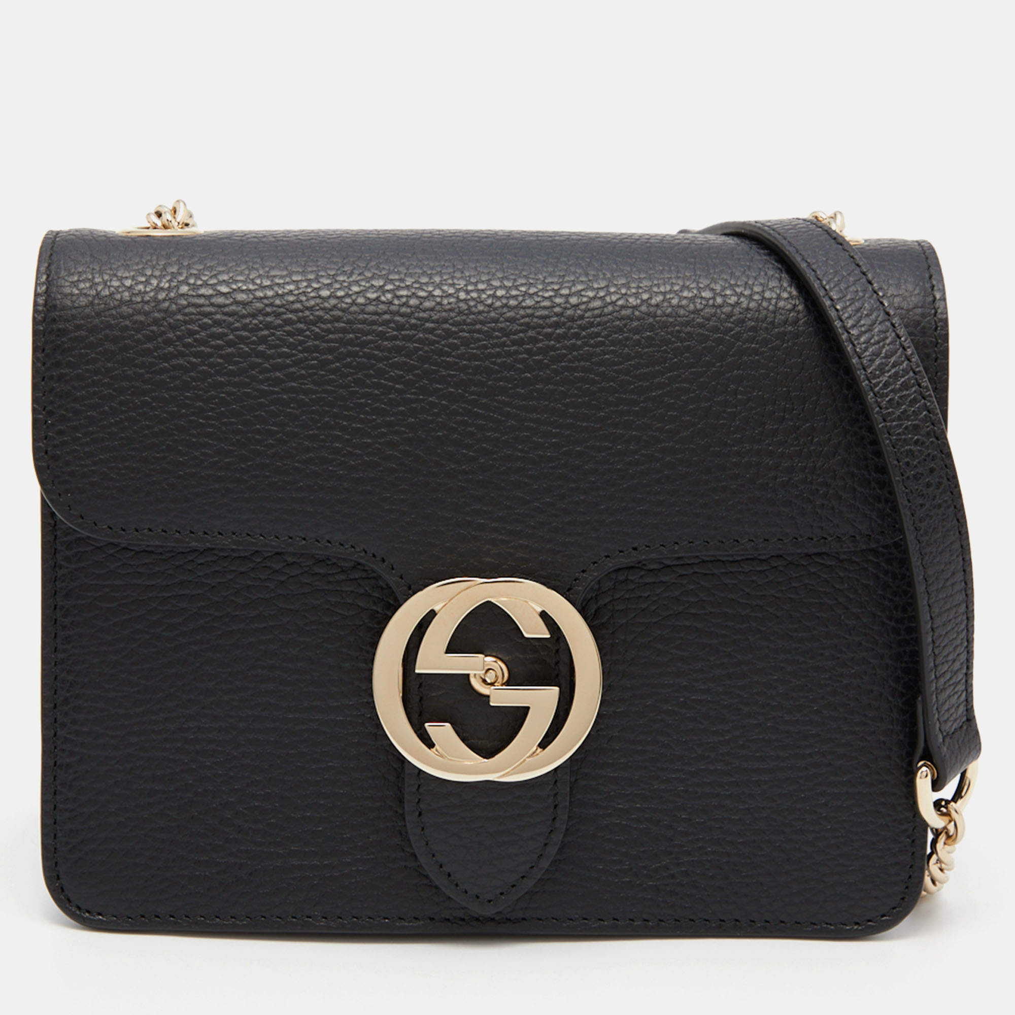 Pre Owned Gucci Black Leather Dollar Interlocking G Crossbody Bag
