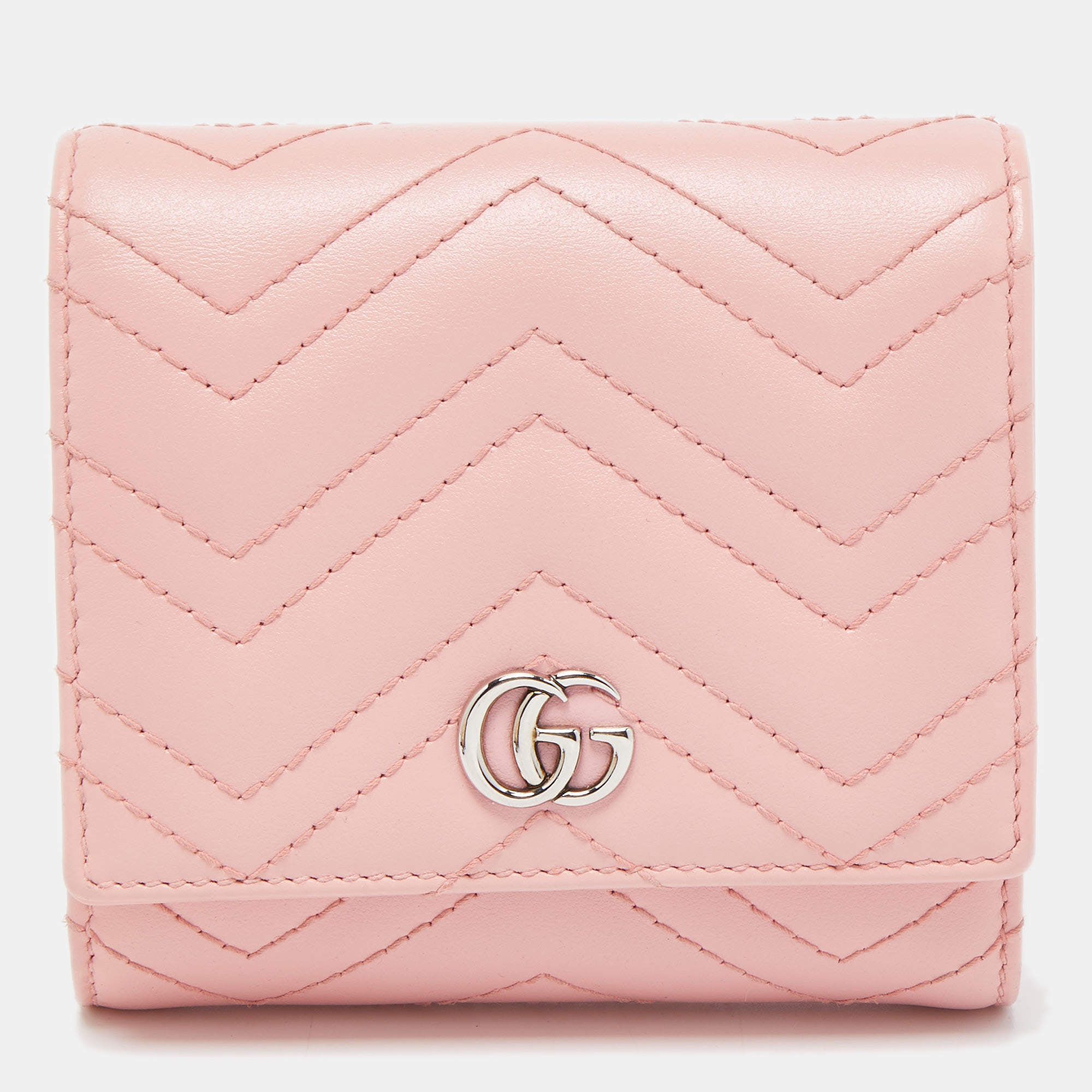 Gucci Pink Matelasse Leather GG Marmont Compact Wallet