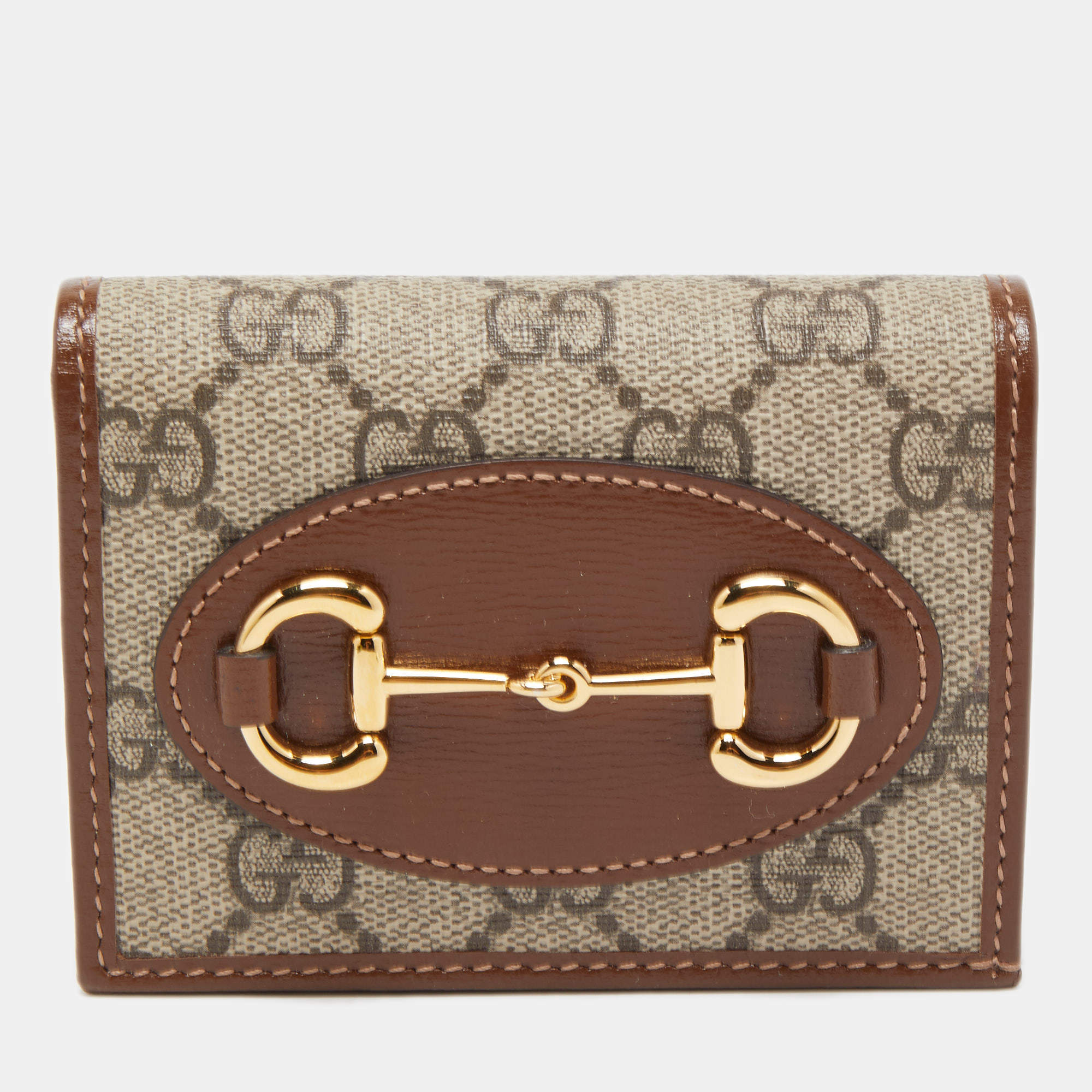 Gucci Brown/Beige GG Supreme Canvas and Leather Horsebit 1955 Card Case