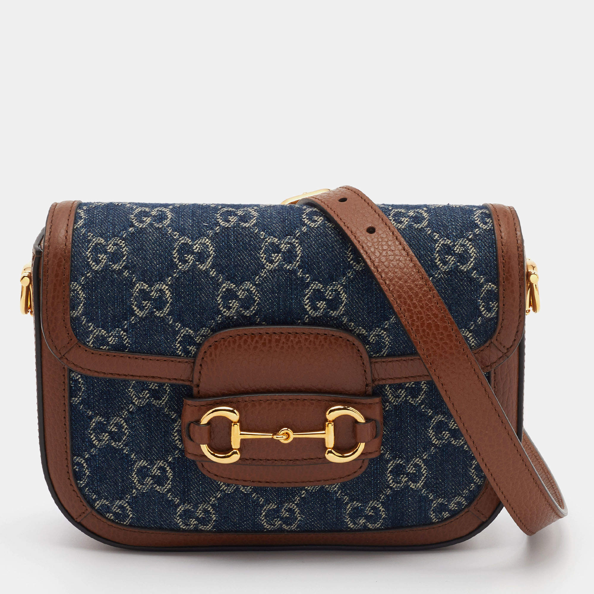 Pre Owned Gucci Blue/Brown GG Canvas and Leather Mini Horsebit 1955 Crossbody Bag