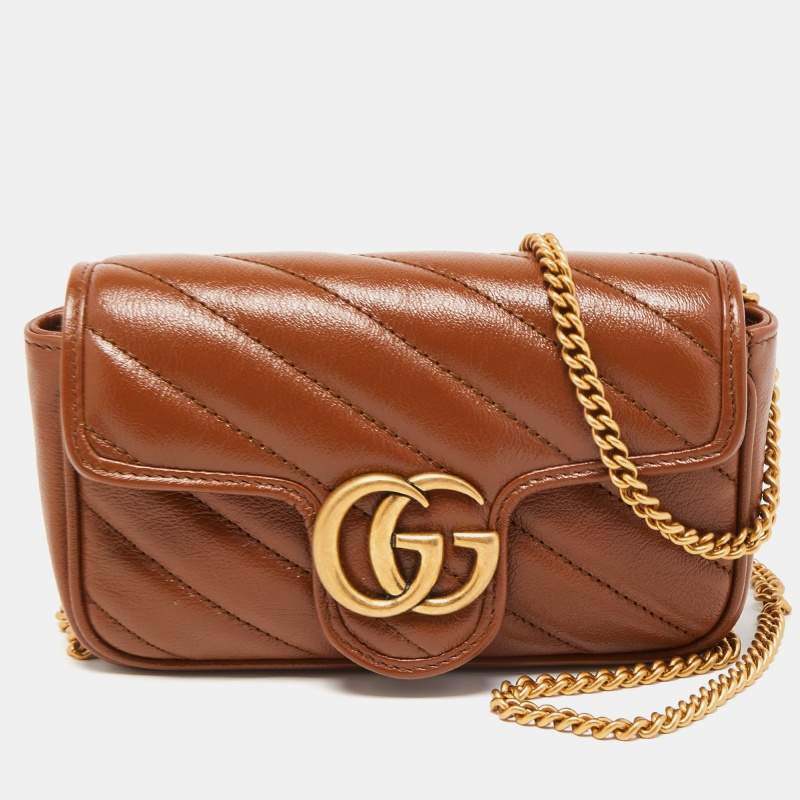 Gucci Brown Diagonal Matelassé Leather Super Mini GG Marmont Shoulder Bag