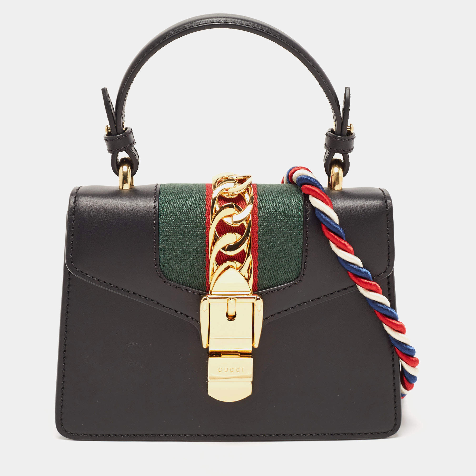 Gucci Black Leather Mini Web Sylvie Top Handle Bag Gucci TLC