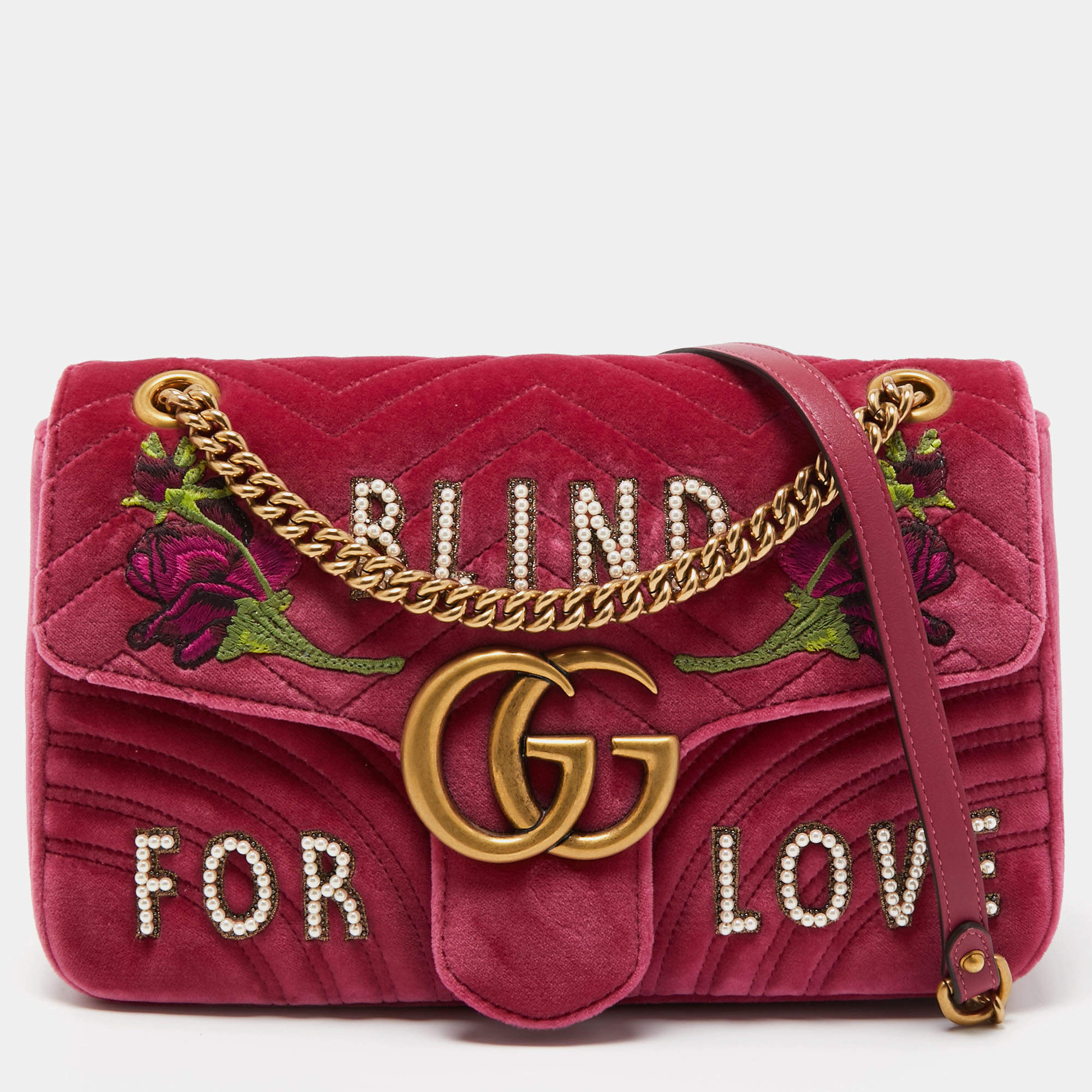 مملوكة مسبقًا Gucci Pink Matelassé Velvet Medium Embroidered Blind For Love GG Marmont Shoulder Bag