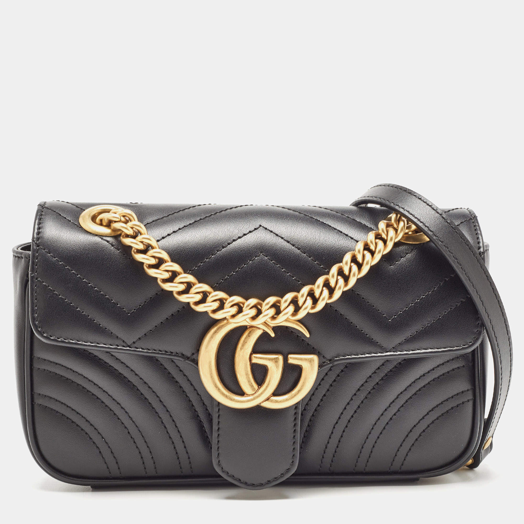 Gucci Black Matelassé Leather Mini GG Marmont Shoulder Bag