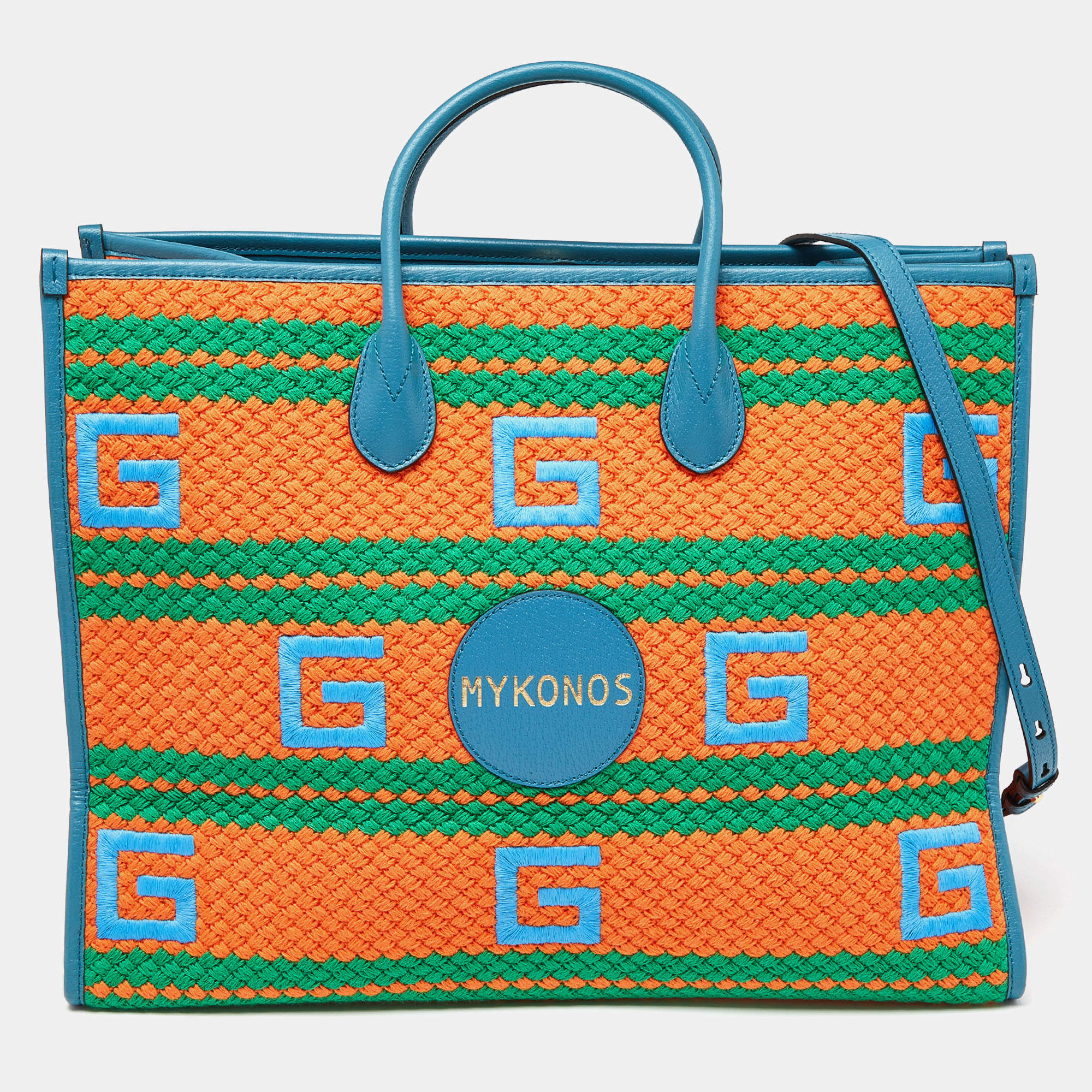 Pre Owned Gucci Multicolor Square G Embroidered Fabric Mykonos Striped Tote