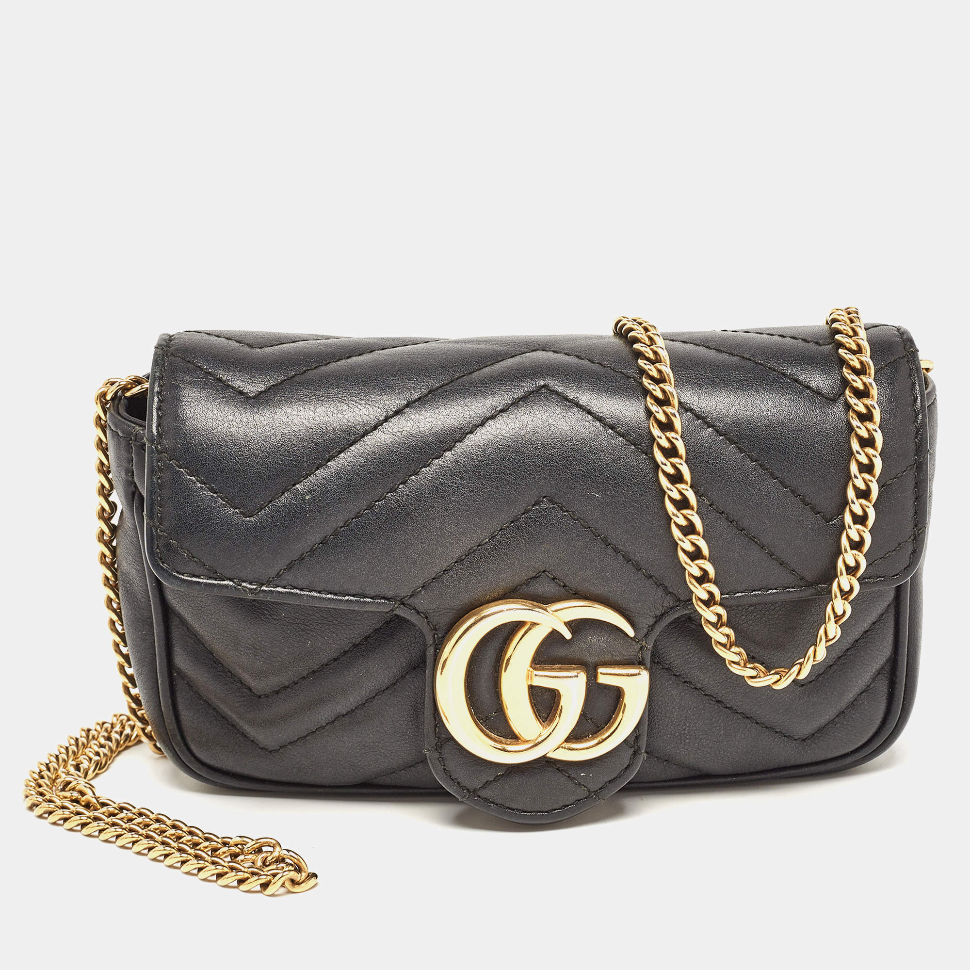 Pre Owned Gucci Black Matelassé Leather Super Mini GG Marmont Shoulder Bag