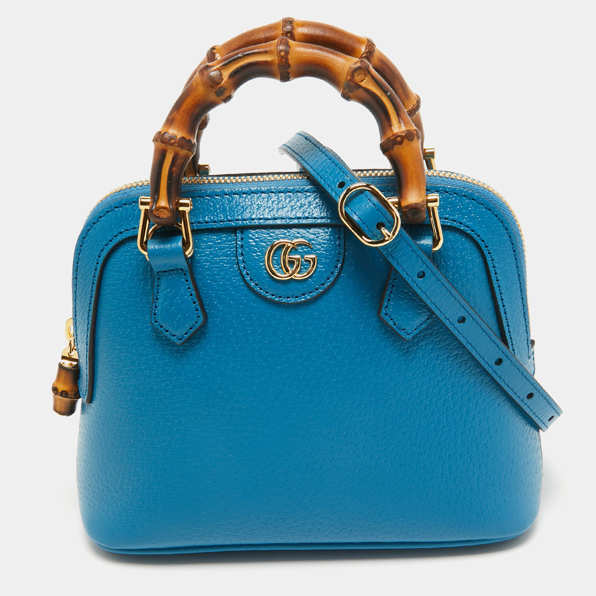 Pre Owned Gucci Blue Leather Mini Bamboo Diana Dome Satchel