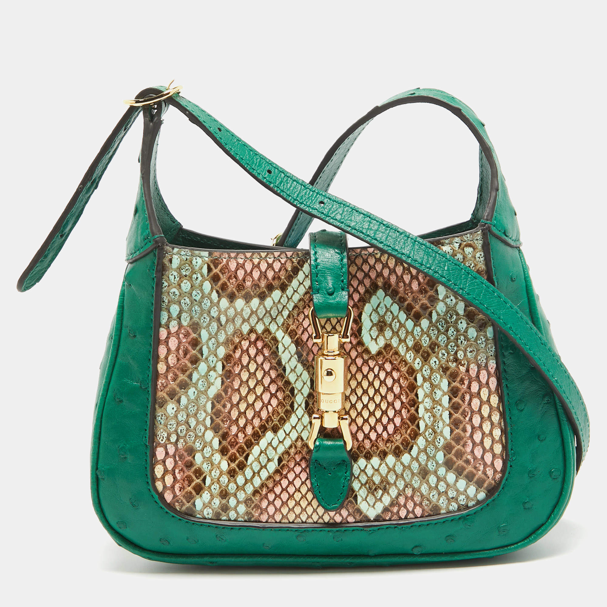 Pre Owned Gucci Green/Multicolor Ostrich and Python Mini Jackie 1961 Hobo