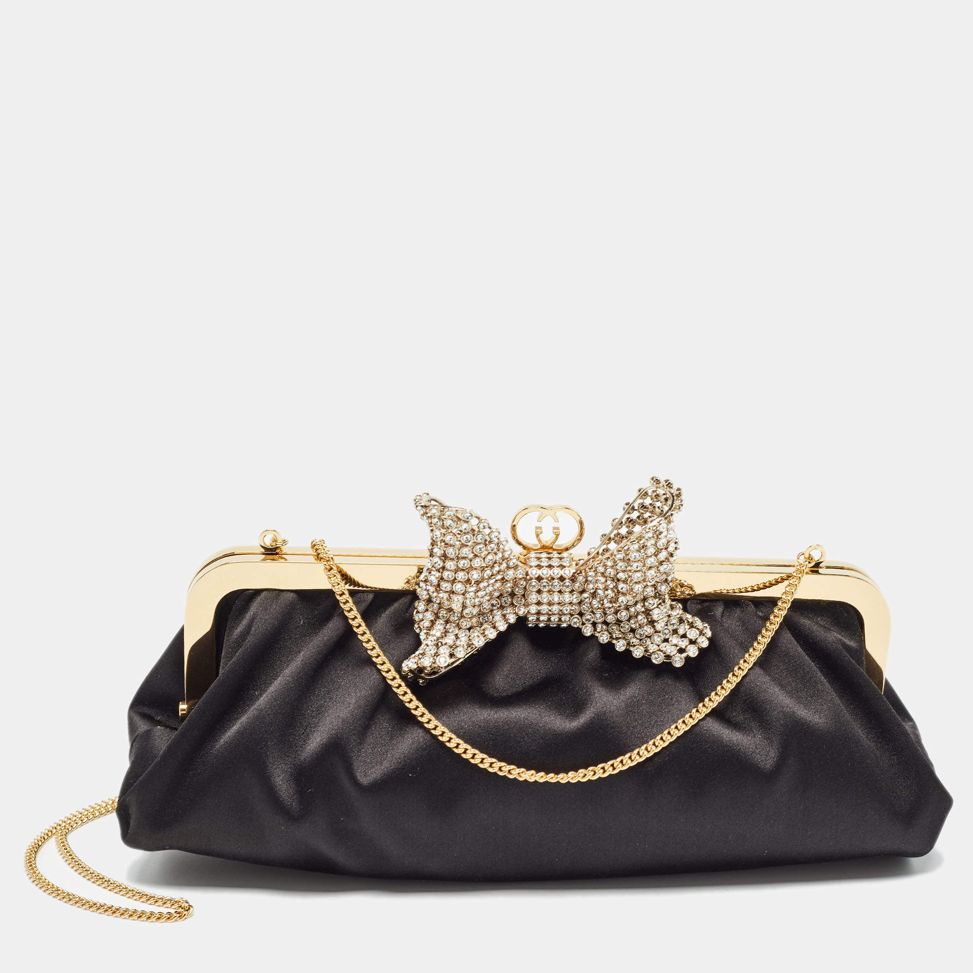 Pre Owned Gucci Black Satin Crystal Embellished Bow Broadway Clutch