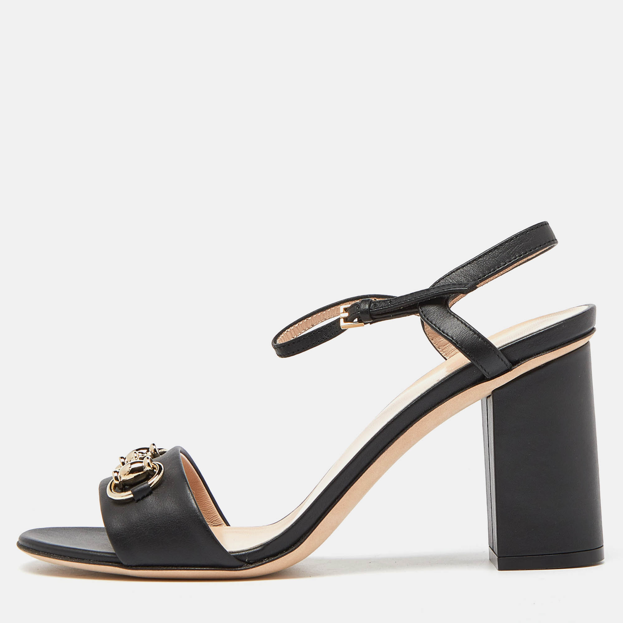 Gucci Black Leather Horsebit Ankle Strap Sandals Size 38