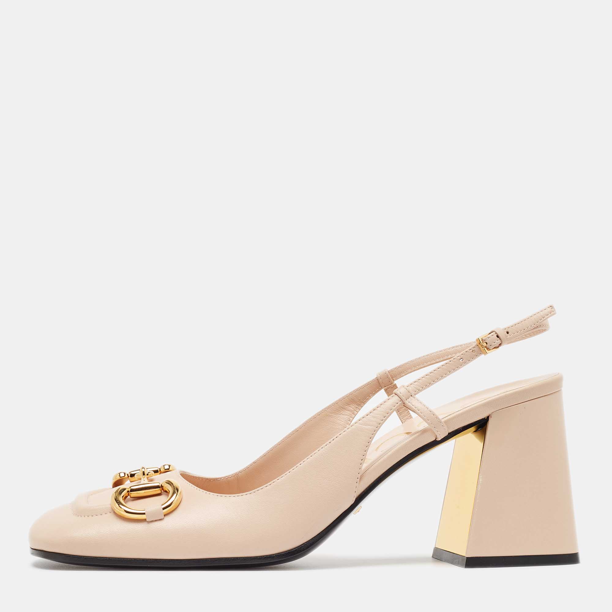 Gucci Light Pink Leather Horsebit Slingback Pumps Size 41