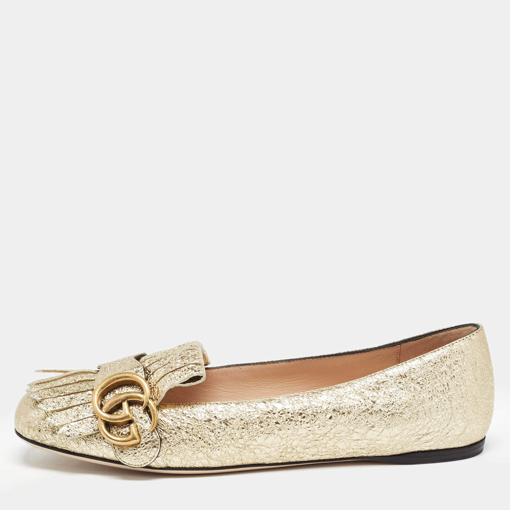 Gucci Gold Crinkled Foil Leather GG Marmont Fringe Detail Ballet Flats Size 37.5