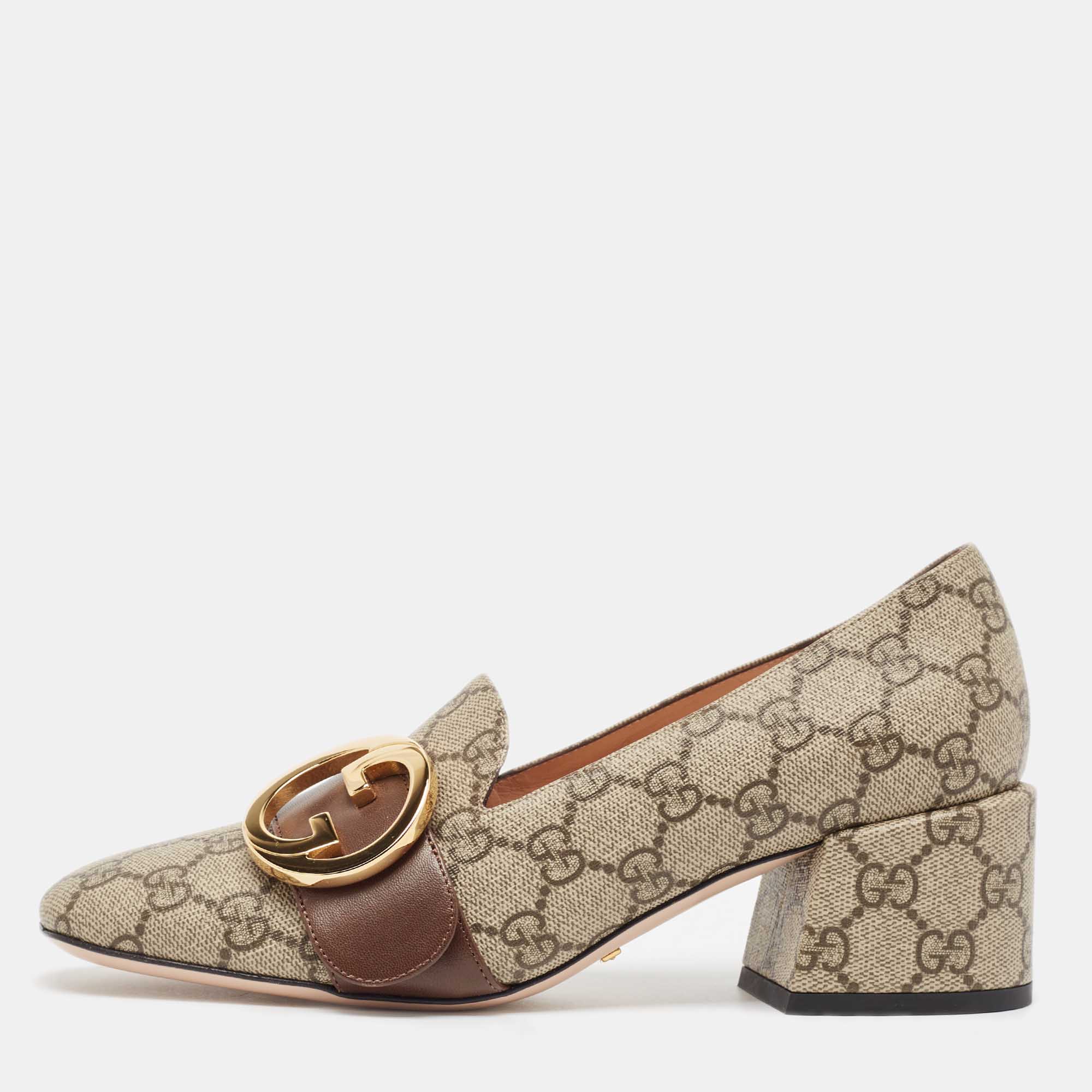 مملوكة مسبقًا Gucci Grey/Brown Canvas and Leather Blondie Block Heel Pumps Size 37.5