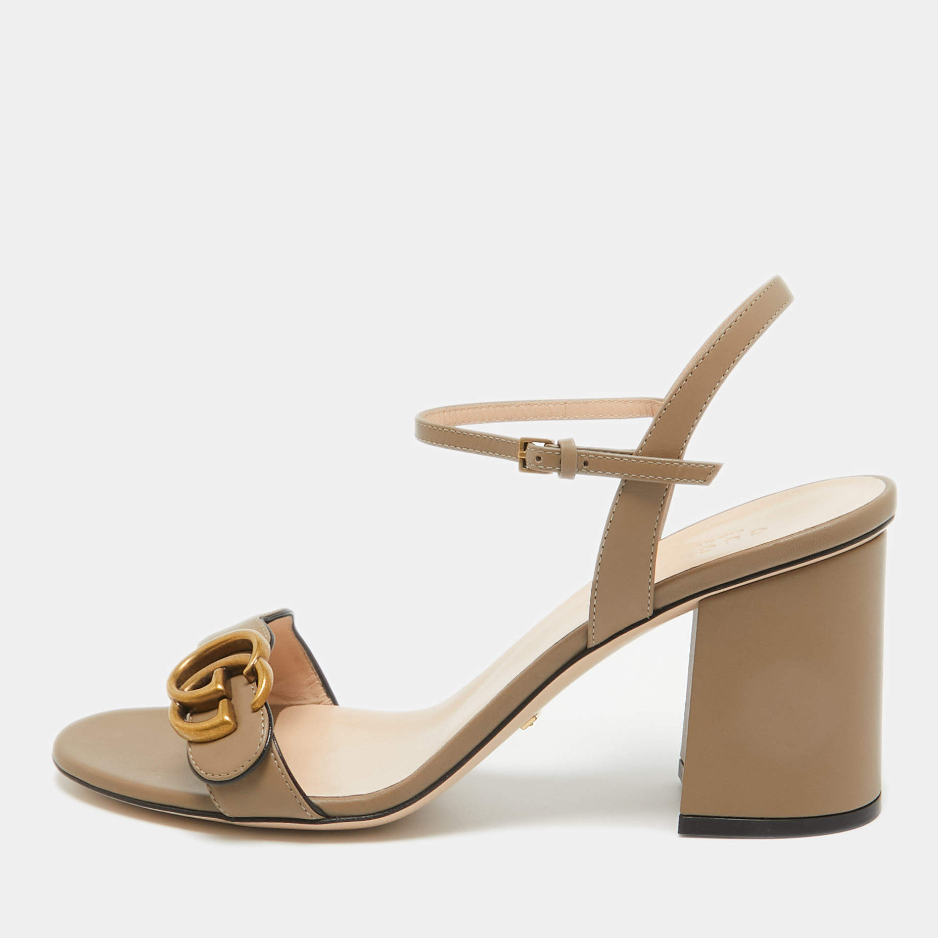 Pre Owned Gucci Beige Leather GG Marmont Block Heel Ankle Strap Sandals 40.5