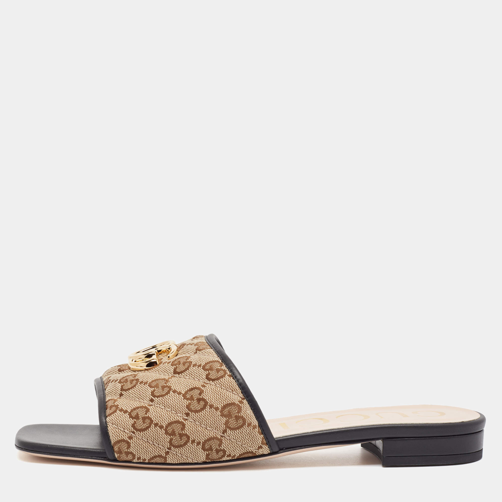 Pre Owned Gucci Brown/Ebony GG Canvas Double G Flat Slides Size 42