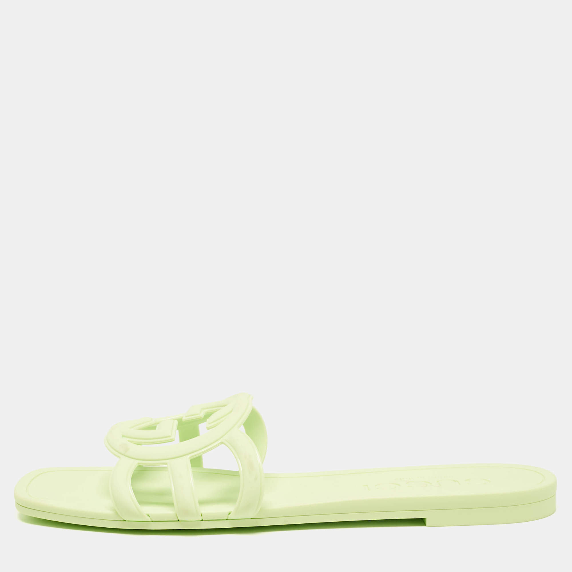 Pre Owned Gucci Light Green Rubber Interlocking G Flat Slides Size 40